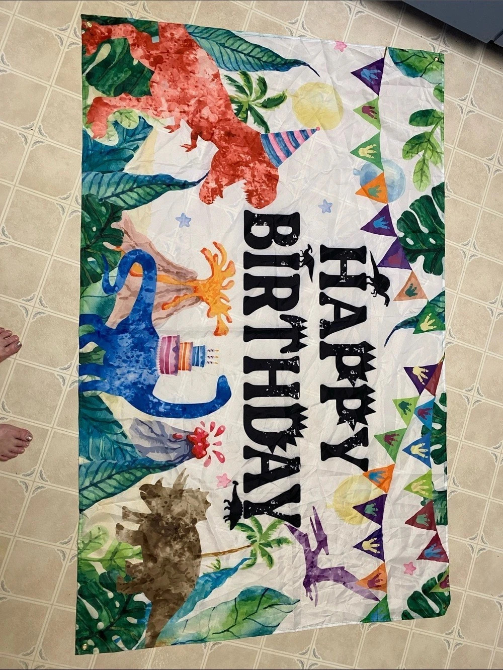 Happy Birthday Party Banner White & Green Like New - RAWR!!